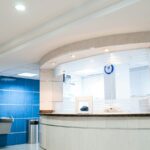 Modern hospital lobby reception area